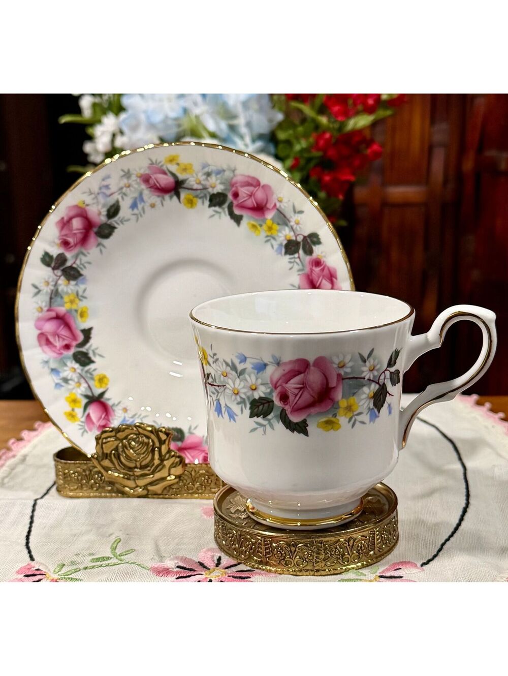 Royal Stafford Summer Glory China Teacup Saucer Set England MCM Rose c. 1955